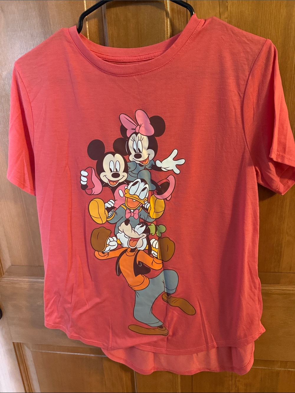 Disney Coral Red Short Sleeve Tee with Stacked Classic Characters